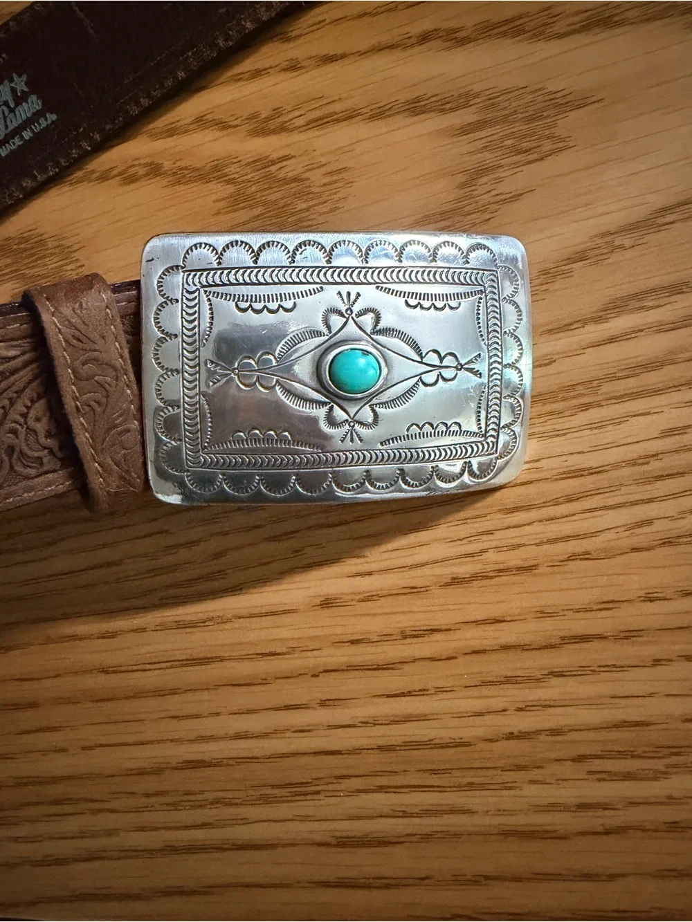 Tony Lama Brown Leather Belt with Silver Stamped Logo
